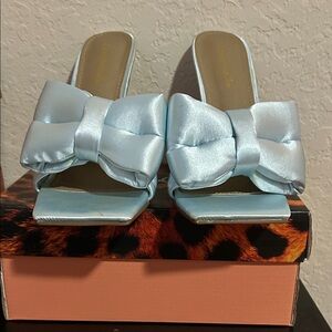Satin Bow Slide Mules in Light Blue